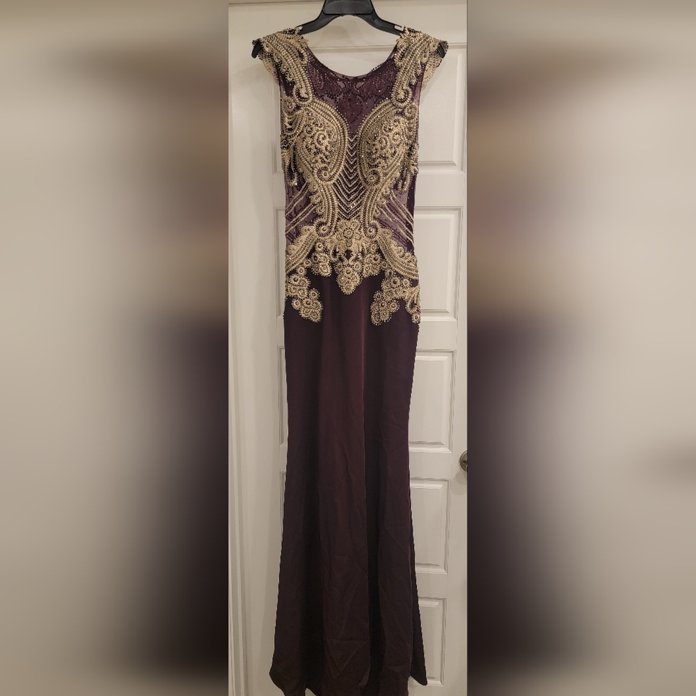 Elegant Plum and Gold Embellished Prom/Evening GOW